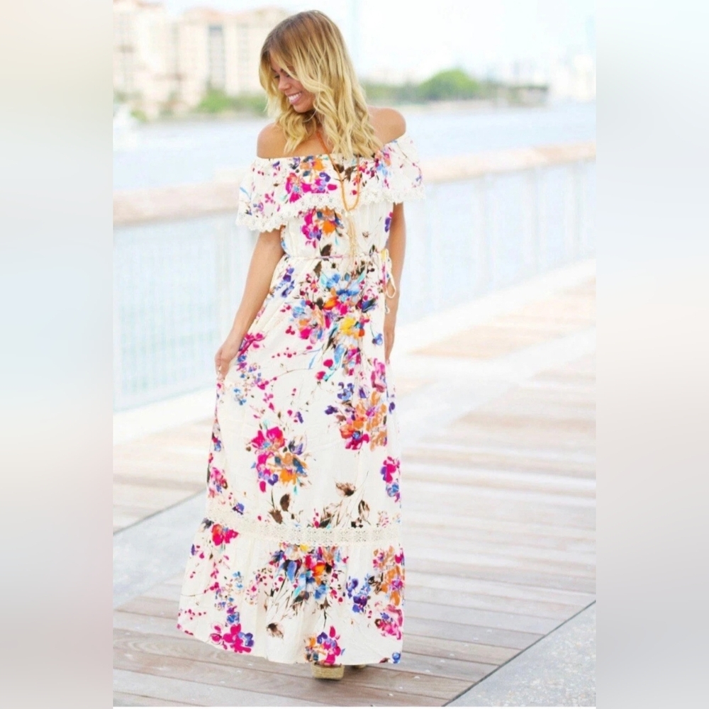 Umgee Maxi Dress Floral Off The Shoulder Boho
